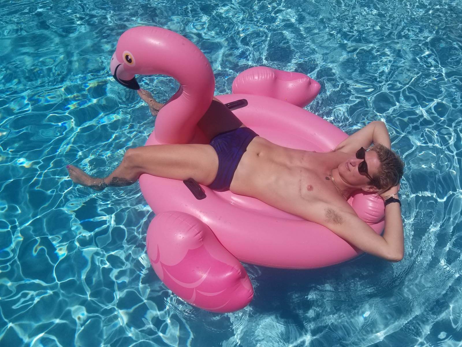 K.R. Rose looking cool on the inflatable flamingo.