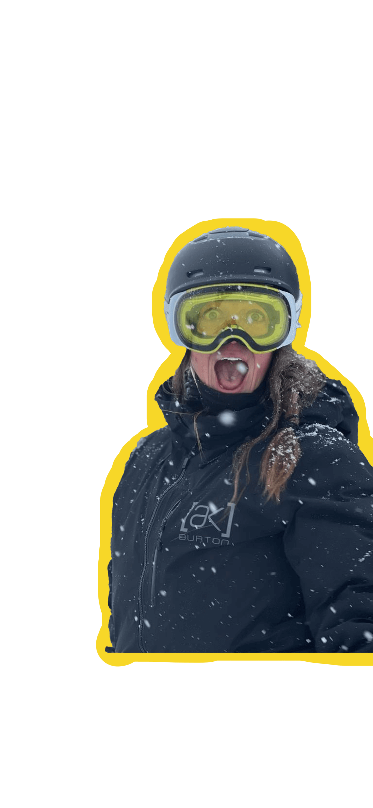 Elizabeth Reid making a silly face in snowboard gear.